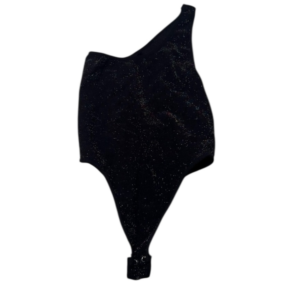 Women's One Shoulder Bodysuit Black Rainbow Metallic Thread Lurex Thong Stretch